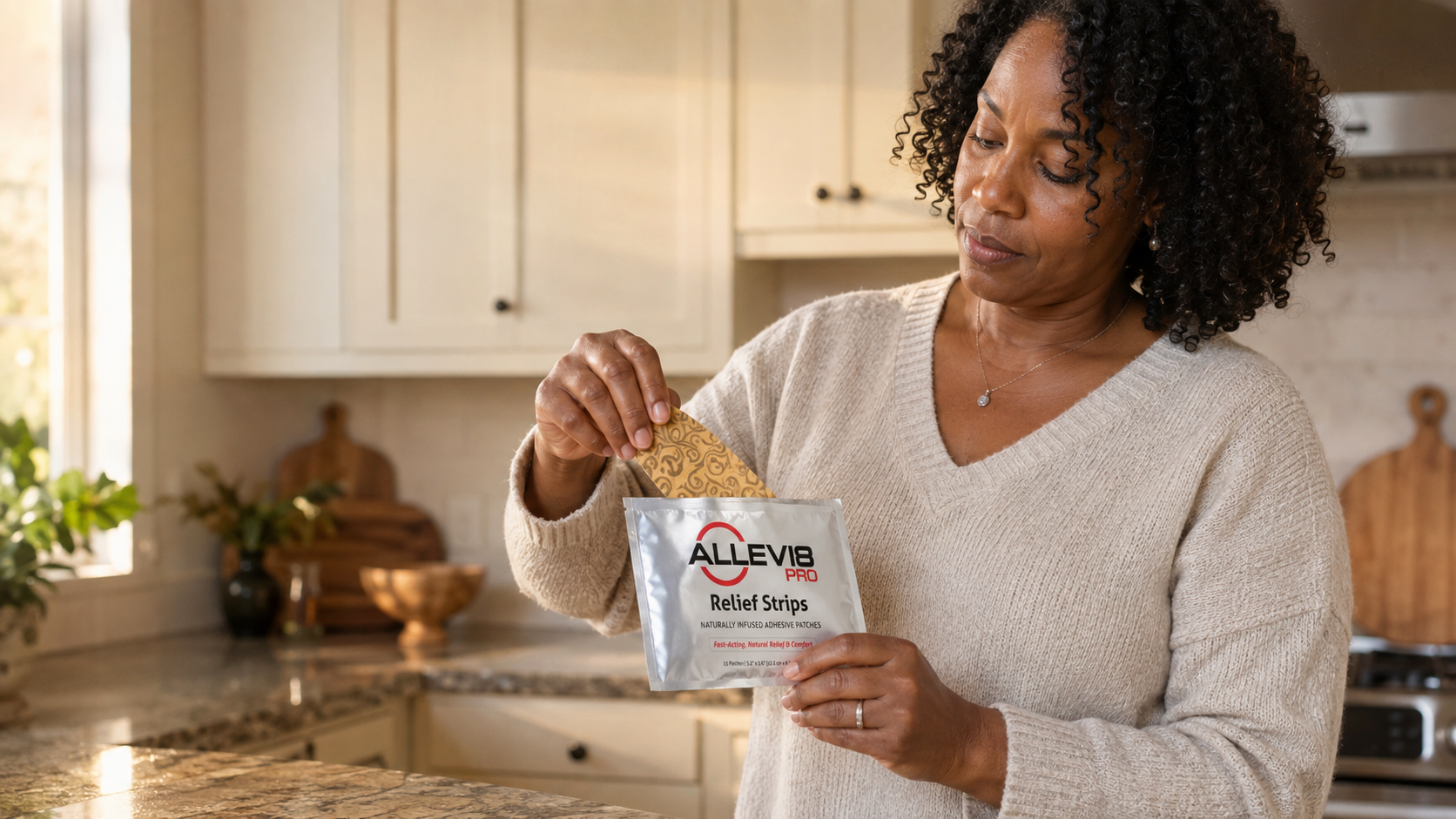 Woman opening an ALLEVI8 PRO pouch in the kitchen