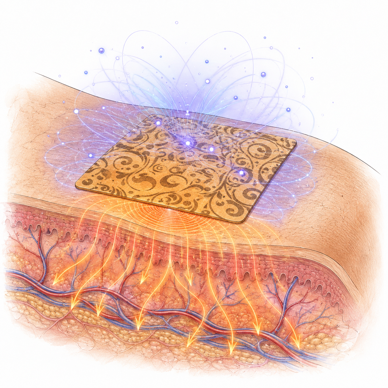 Product-concept illustration of an ALLEVI8 PRO strip on skin
